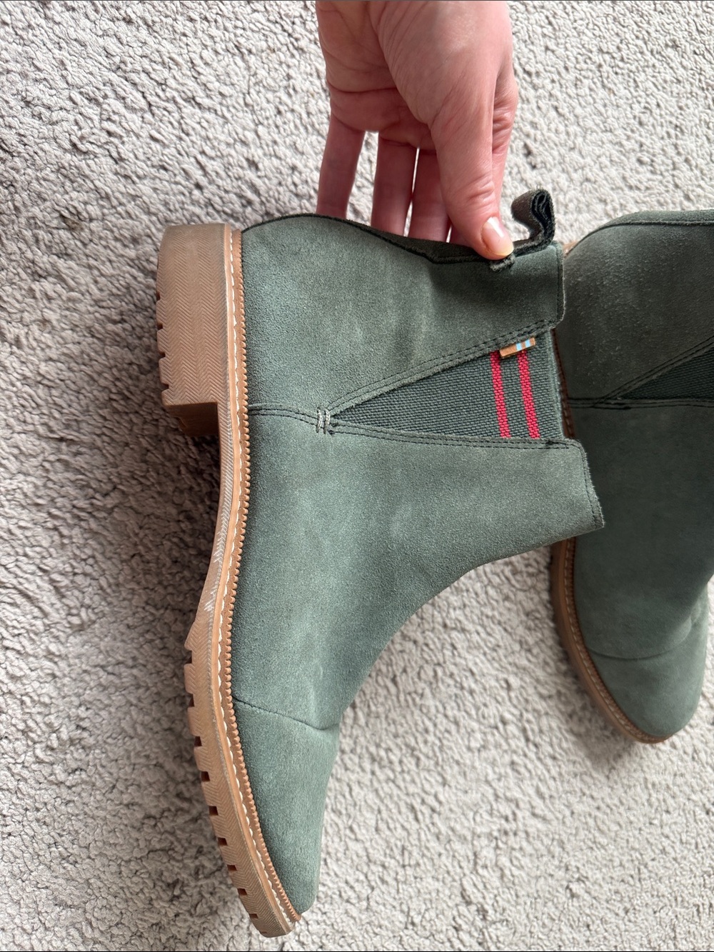 TOMS Olive Suede Chelsea Boot with Red Accent